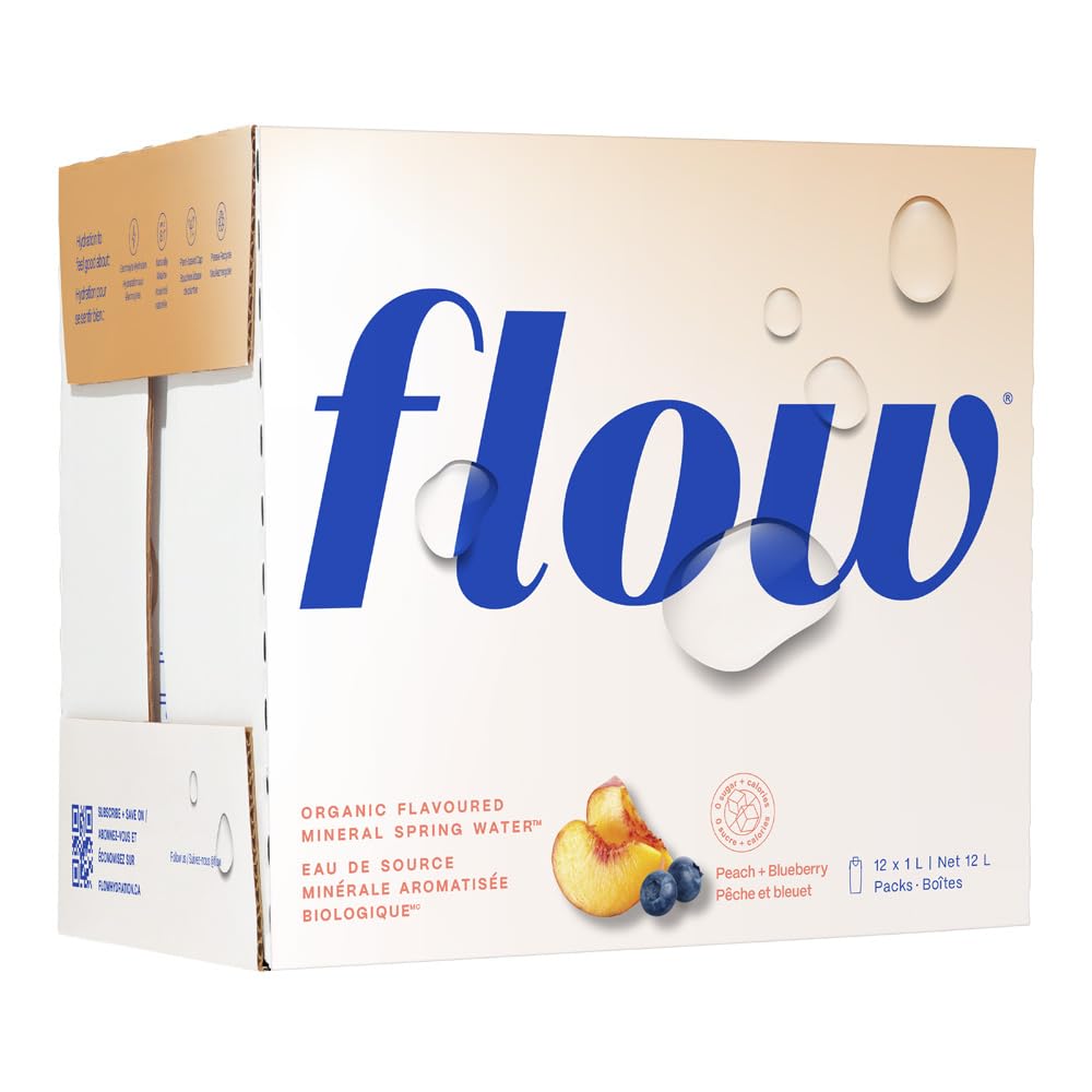 Flow Alkaline Spring Water, 100% Natural Alkaline Water, Eco-Friendly Packaging, Refreshing Taste, Boxed Mineral Water, Natural Electrolytes, Water with pH, Non-GMO, BPA-Free, Pack of 12 x 1L