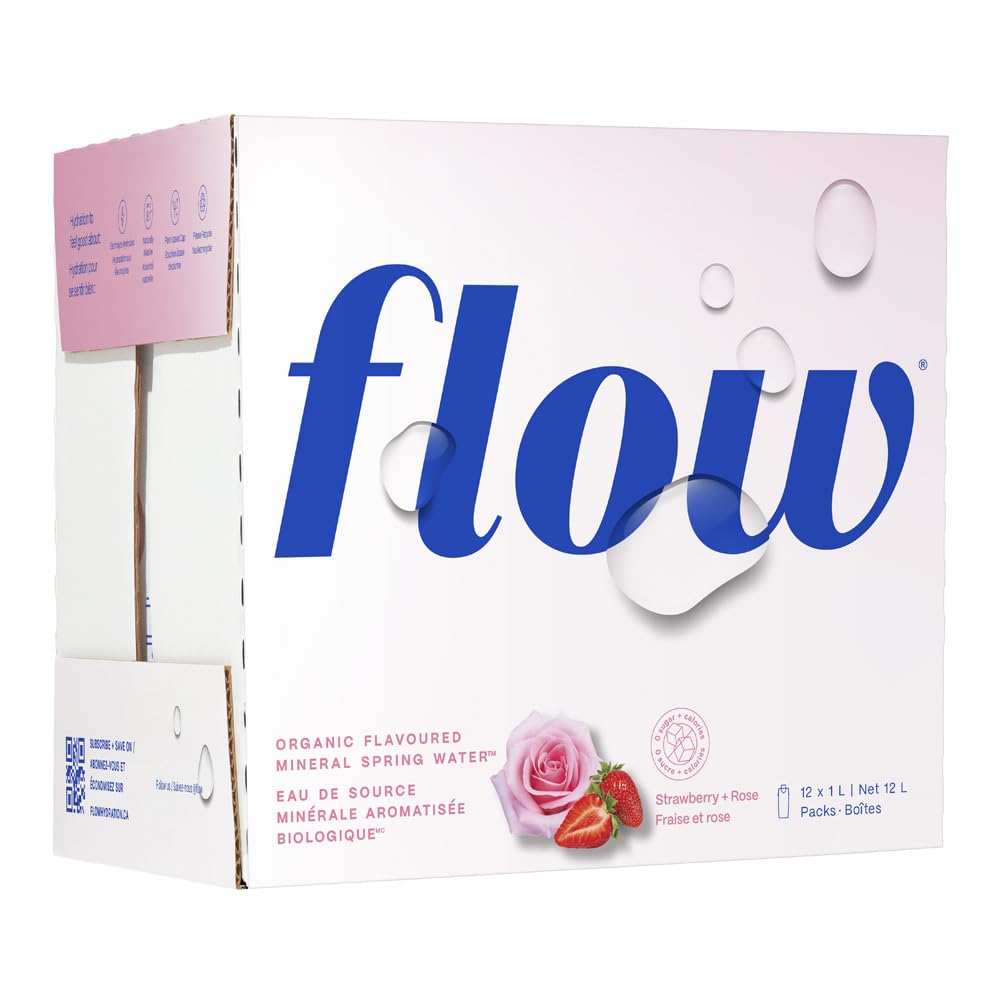 Flow Alkaline Spring Water, 100% Natural Alkaline Water, Eco-Friendly Packaging, Refreshing Taste, Boxed Mineral Water, Natural Electrolytes, Water with pH, Non-GMO, BPA-Free, Pack of 12 x 1L