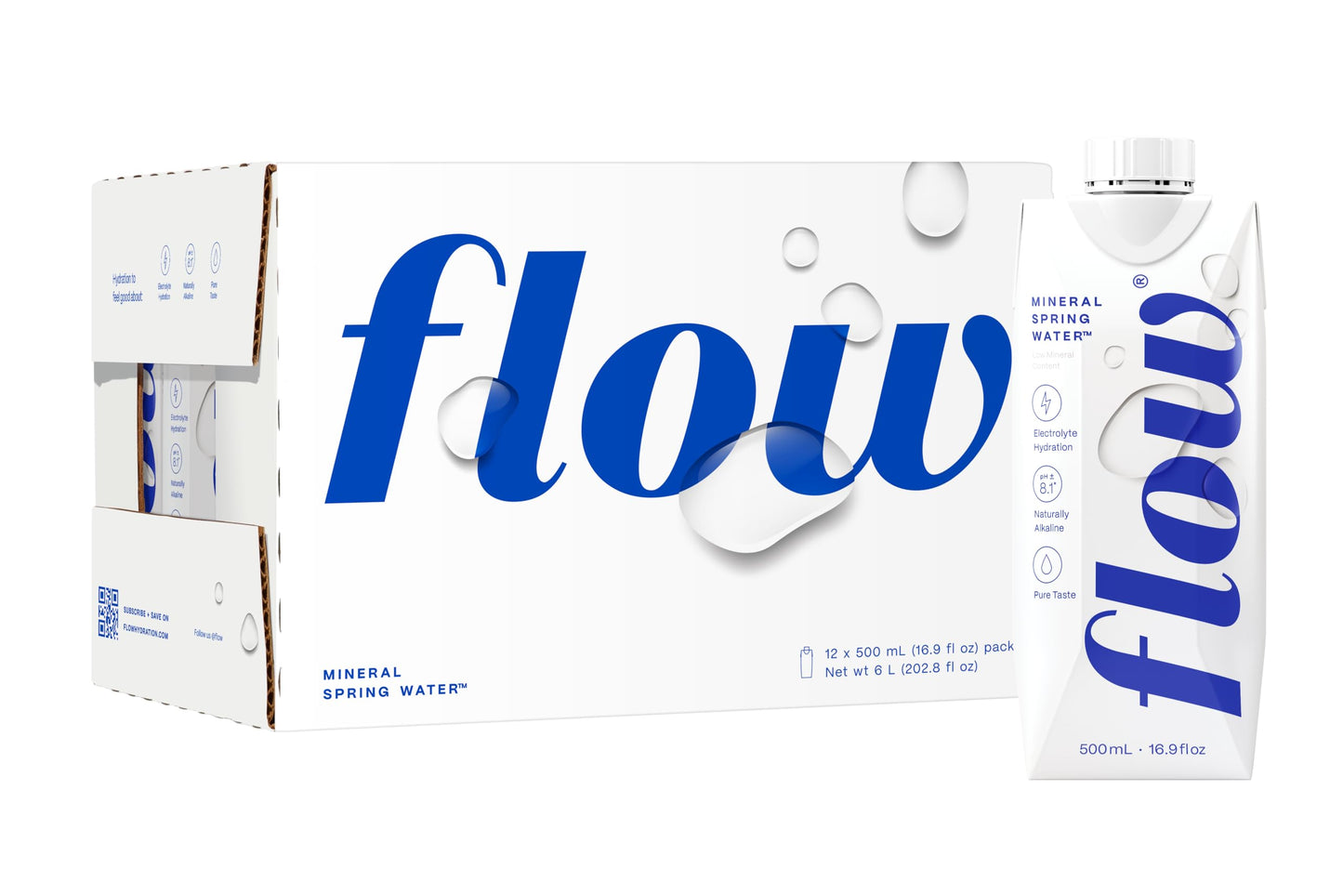 Flow Alkaline Spring Water, 100% Natural Alkaline Water, Eco-Friendly Packaging, Refreshing Taste, Boxed Mineral Water, Natural Electrolytes, Water with pH, Non-GMO, BPA-Free, Pack of 12 x 1L