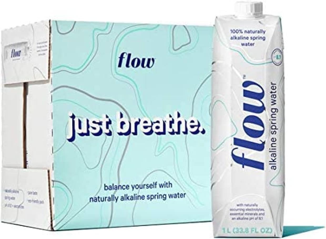 Flow Alkaline Spring Water, 100% Natural Alkaline Water, Eco-Friendly Packaging, Refreshing Taste, Boxed Mineral Water, Natural Electrolytes, Water with pH, Non-GMO, BPA-Free, Pack of 12 x 1L