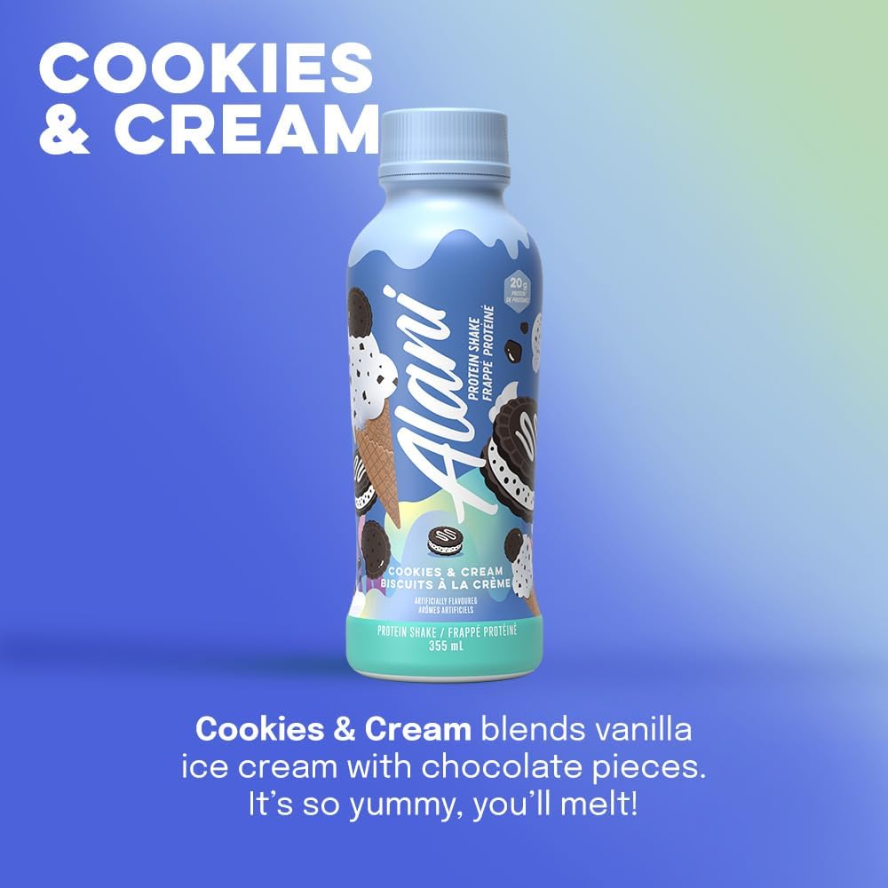 Alani Nu Protein Shake, Ready to Drink, Naturally Flavored, Gluten Free, Only 140 Calories with 20g Protein per 355mL bottle (Cookies & Cream, 12 Pack)