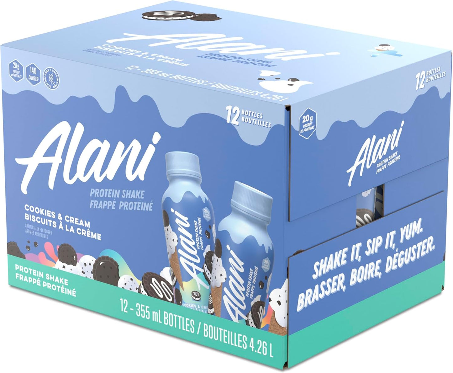 Alani Nu Protein Shake, Ready to Drink, Naturally Flavored, Gluten Free, Only 140 Calories with 20g Protein per 355mL bottle (Cookies & Cream, 12 Pack)