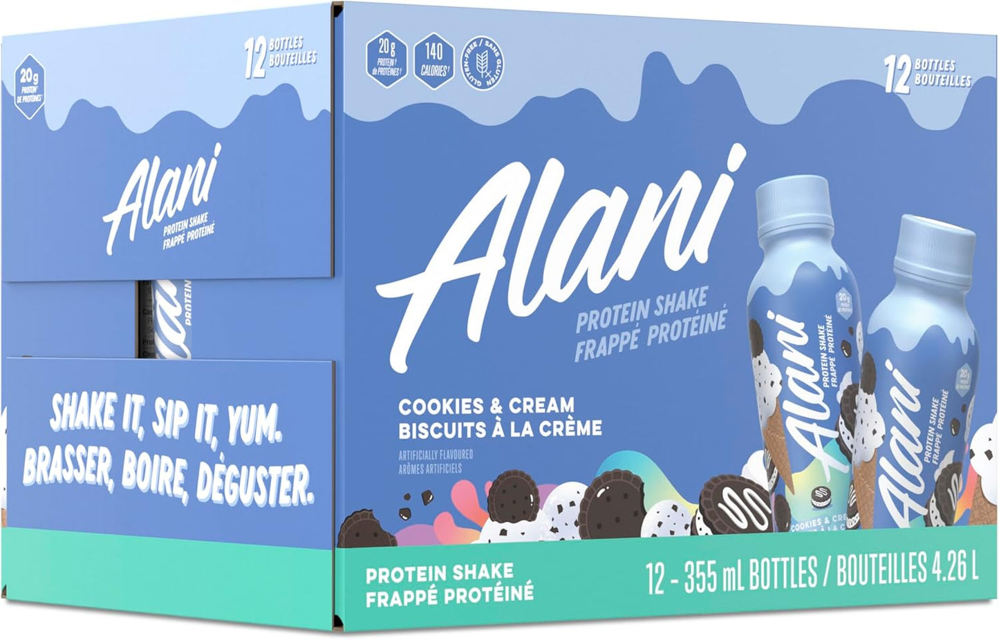 Alani Nu Protein Shake, Ready to Drink, Naturally Flavored, Gluten Free, Only 140 Calories with 20g Protein per 355mL bottle (Cookies & Cream, 12 Pack)
