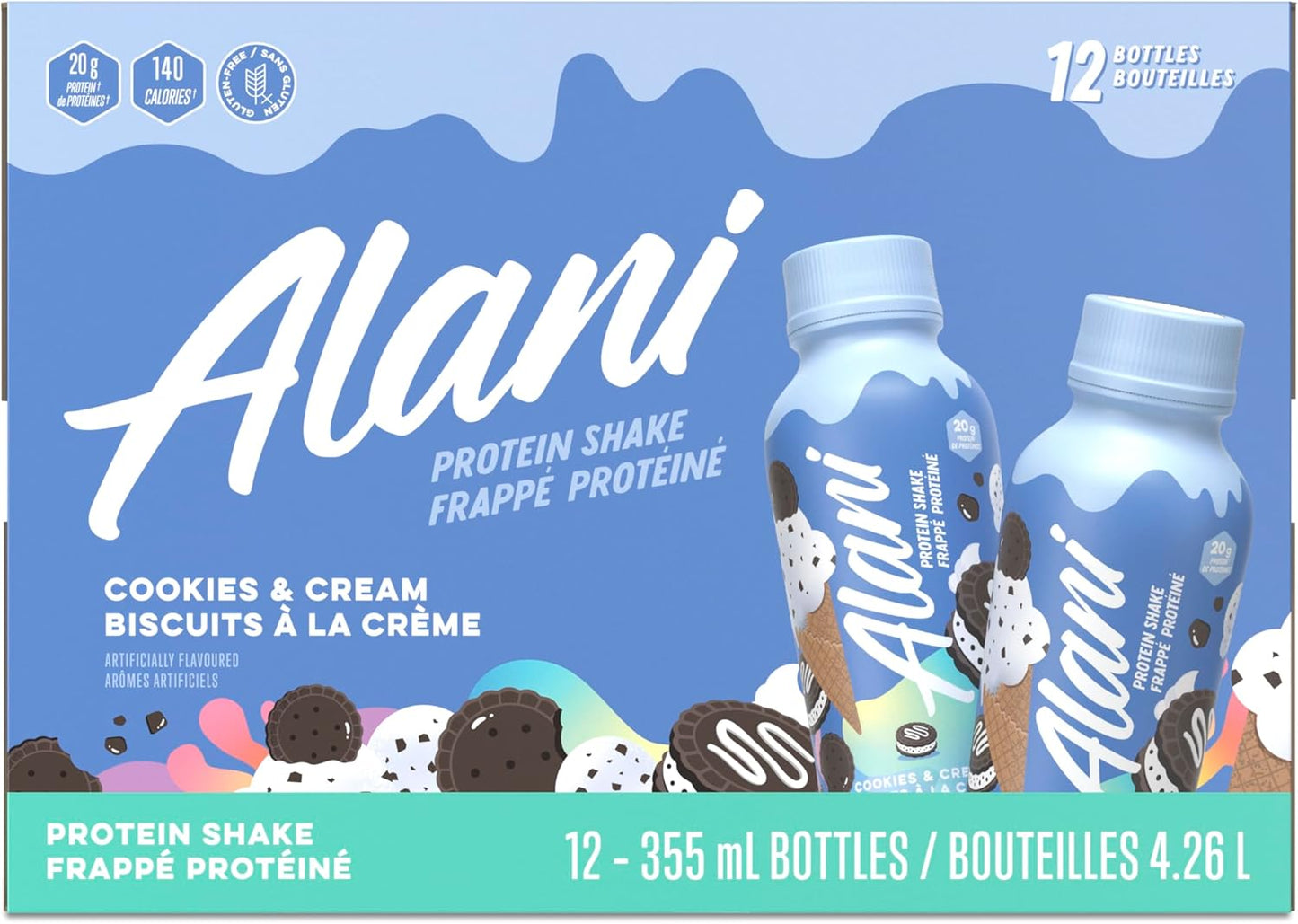 Alani Nu Protein Shake, Ready to Drink, Naturally Flavored, Gluten Free, Only 140 Calories with 20g Protein per 355mL bottle (Cookies & Cream, 12 Pack)