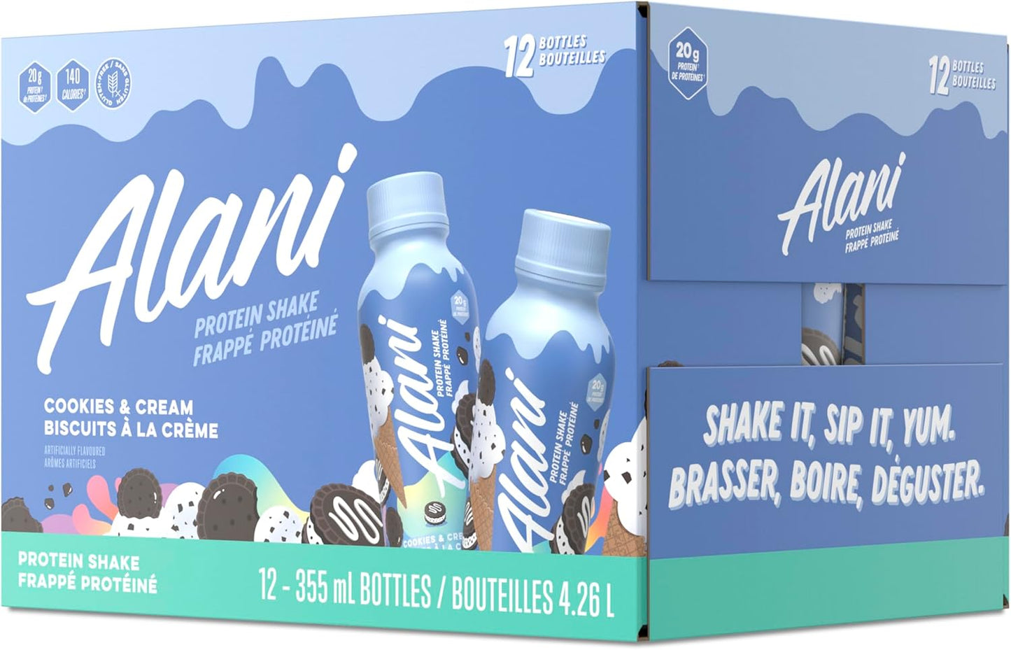 Alani Nu Protein Shake, Ready to Drink, Naturally Flavored, Gluten Free, Only 140 Calories with 20g Protein per 355mL bottle (Cookies & Cream, 12 Pack)