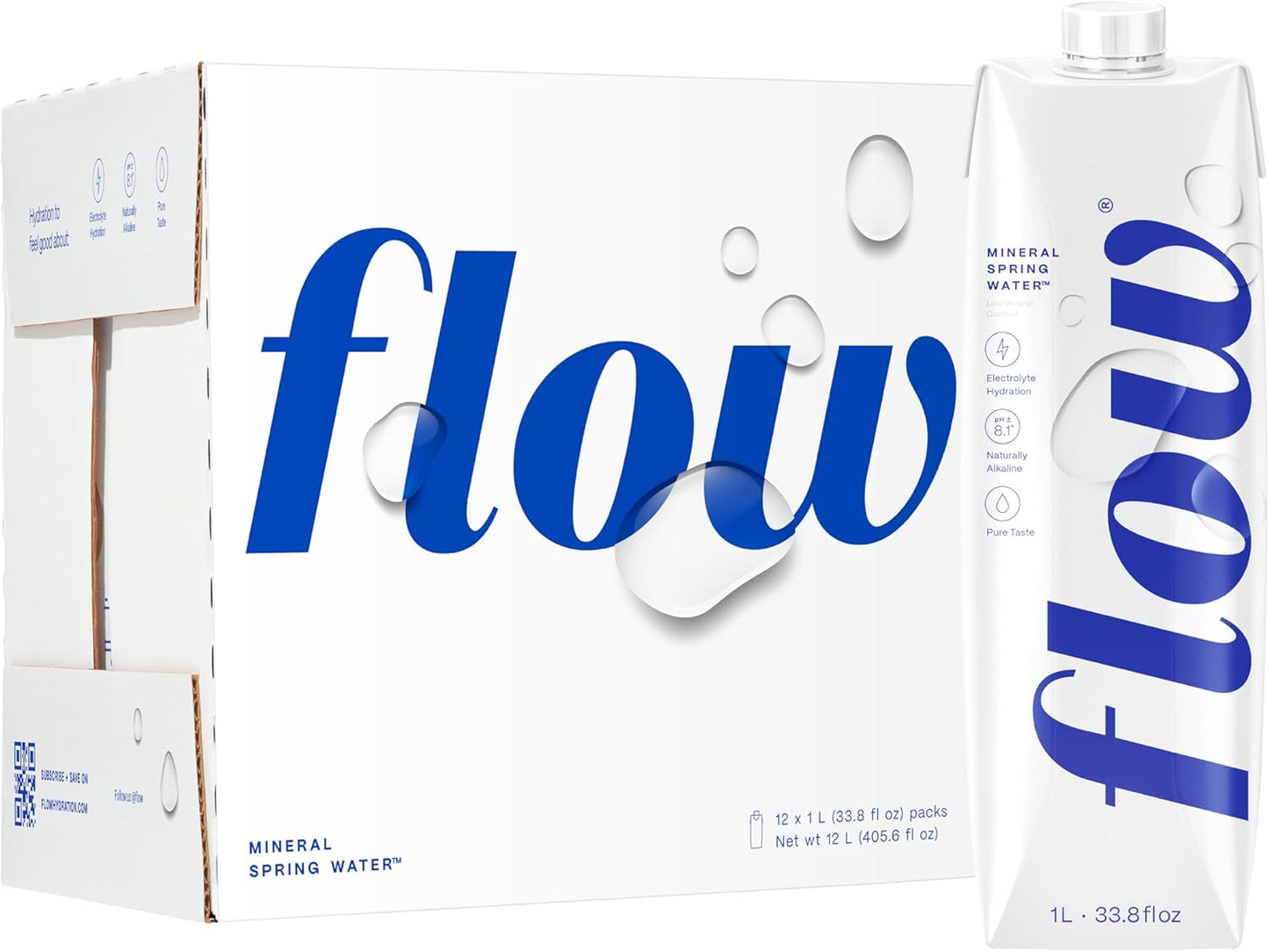 Flow Alkaline Spring Water, 100% Natural Alkaline Water, Eco-Friendly Packaging, Refreshing Taste, Boxed Mineral Water, Natural Electrolytes, Water with pH, Non-GMO, BPA-Free, Pack of 12 x 1L