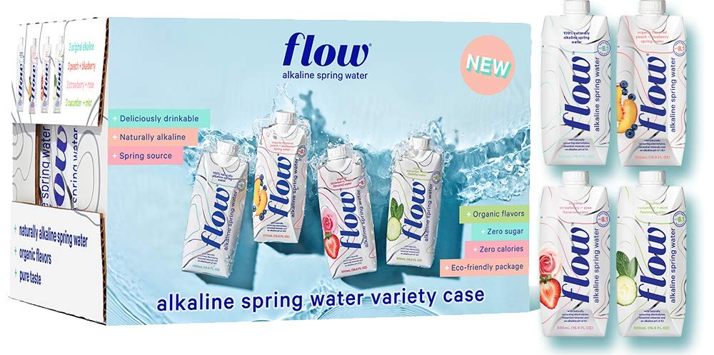 Flow Alkaline Spring Water, 100% Natural Alkaline Water, Eco-Friendly Packaging, Refreshing Taste, Boxed Mineral Water, Natural Electrolytes, Water with pH, Non-GMO, BPA-Free, Pack of 12 x 1L